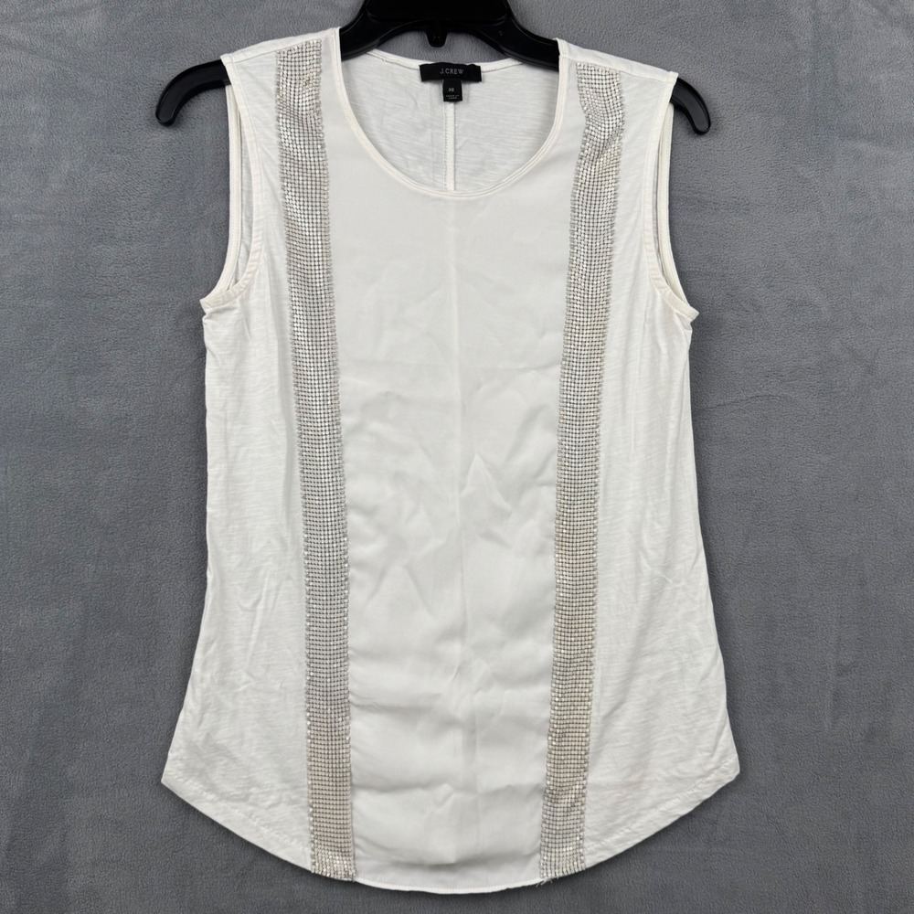 J. Crew White Sleeveless Tank Top Embellished Silver Rhinestone Sparkle‎ XS